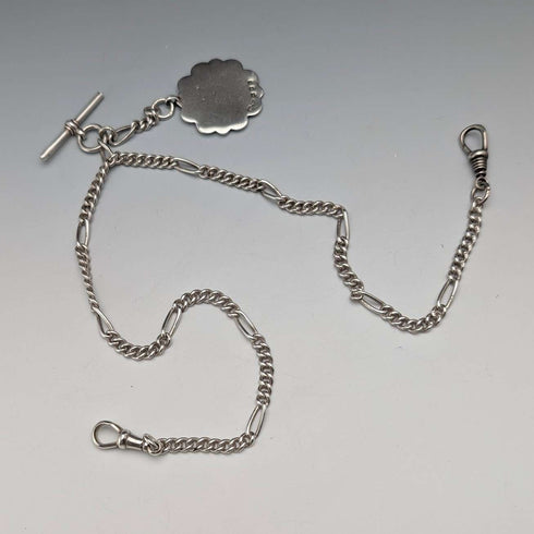 Cadena Albert doble de eslabones fantasía en plata de ley vintage británica, 35g, con medalla-fob de plata de ley