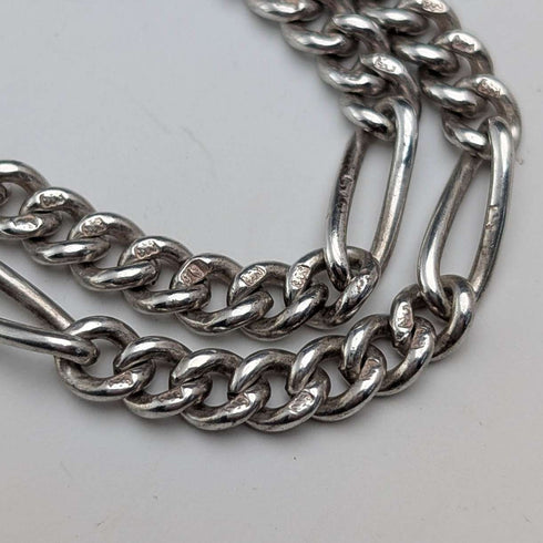 Cadena Albert doble de eslabones fantasía en plata de ley vintage británica, 35g, con medalla-fob de plata de ley