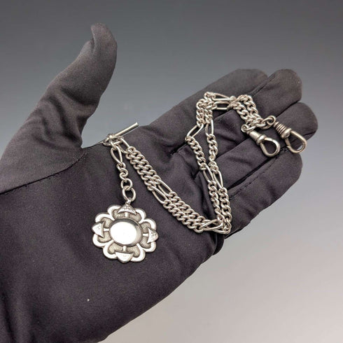 Cadena Albert doble de eslabones fantasía en plata de ley vintage británica, 35g, con medalla-fob de plata de ley