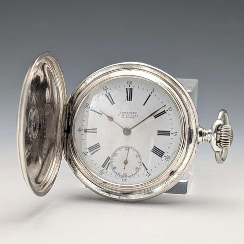 1901年頃 アンティーク ロンジン 懐中時計 アール・ヌーヴォー装飾 銀側ハンターケース 動作良好