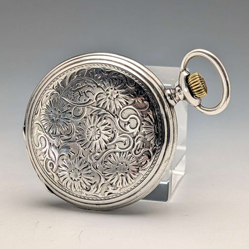 1912年頃 アンティーク ロンジン 懐中時計 フローラル装飾 銀側ハンターケース 動作良好