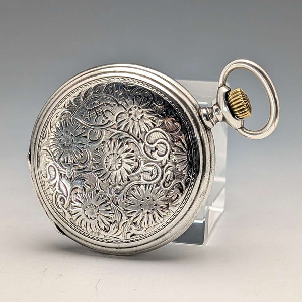 1912年頃 アンティーク ロンジン 懐中時計 フローラル装飾 銀側ハンターケース 動作良好