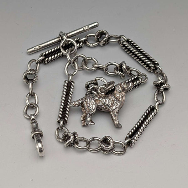 Antique British Fancy Link Sterling Silver Albert Chain, 46g, Dog Fob