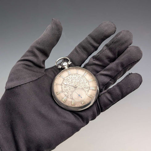 1839年 英国アンティーク 装飾ダイヤル 鍵巻き 懐中時計 直径52mm 動作良好