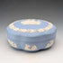 Vintage British Wedgwood Jasperware Round Lidded Box in Pale Blue with Box and Instructions