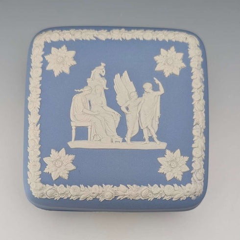 英国古董Wedgwood贾斯珀陶器方形带盖盒一对(淡蓝色)