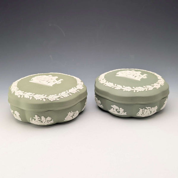 Vintage British Wedgwood Jasperware Round Lidded Boxes, Pair, Sage Green