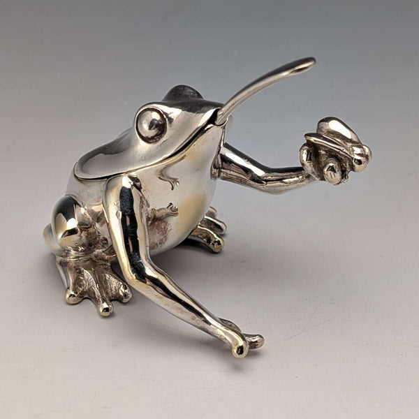 Salero de plata de ley con diseño de rana, estilo vintage británico, 131 g en total, CCP