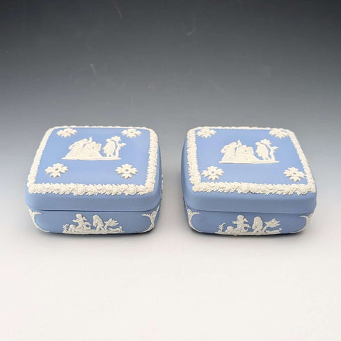 Vintage British Wedgwood Jasperware Square Lidded Boxes, Pair, Pale Blue
