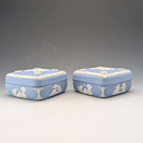 Vintage British Wedgwood Jasperware Square Lidded Boxes, Pair, Pale Blue