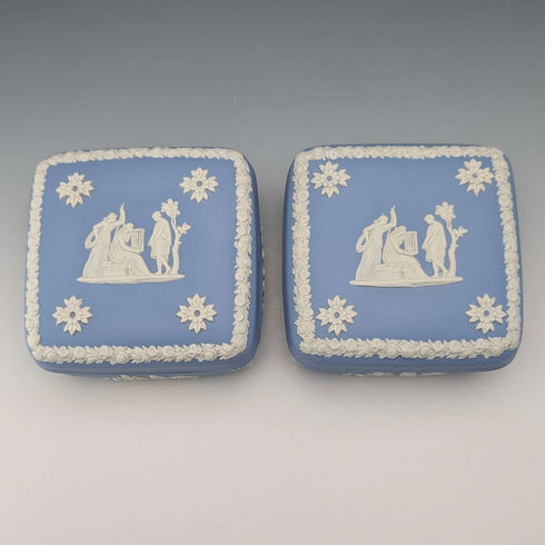 Vintage British Wedgwood Jasperware Square Lidded Boxes, Pair, Pale Blue