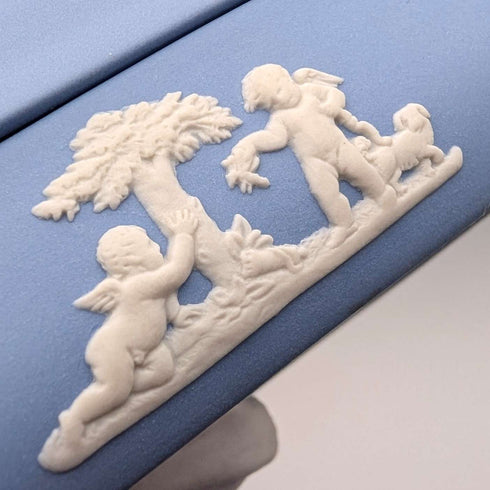 Vintage British Wedgwood Jasperware Square Lidded Boxes, Pair, Pale Blue