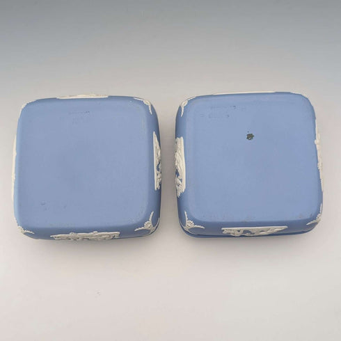Vintage British Wedgwood Jasperware Square Lidded Boxes, Pair, Pale Blue