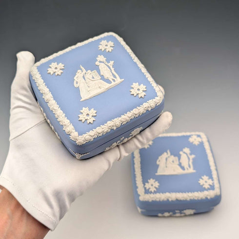 Vintage British Wedgwood Jasperware Square Lidded Boxes, Pair, Pale Blue