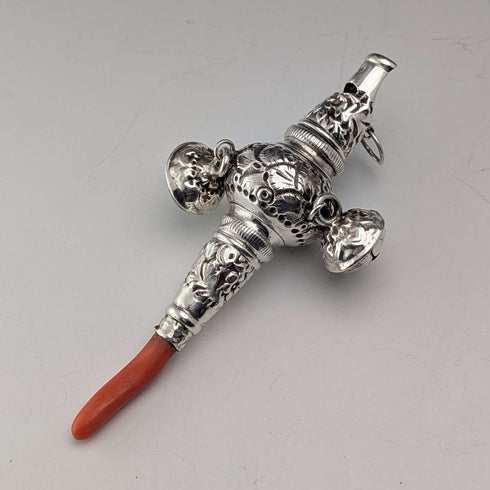 Antique British Sterling Silver "Coral & Bell" Baby Rattle, Whistle, Pacifier