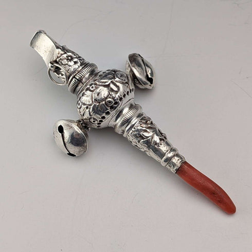 Antique British Sterling Silver "Coral & Bell" Baby Rattle, Whistle, Pacifier