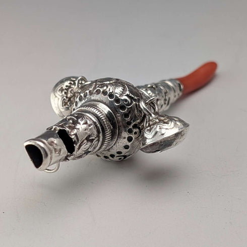 Antique British Sterling Silver "Coral & Bell" Baby Rattle, Whistle, Pacifier