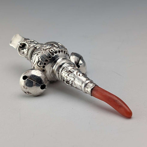 Antique British Sterling Silver "Coral & Bell" Baby Rattle, Whistle, Pacifier