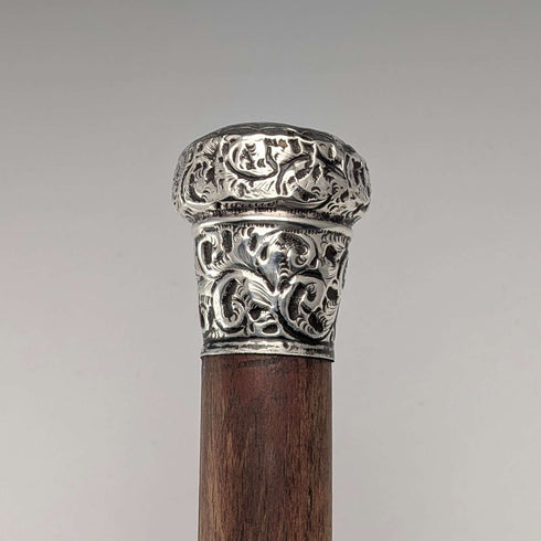 1909年 英国古董 棕色杆身 雕刻纯银朗德尔手柄 手杖 88cm