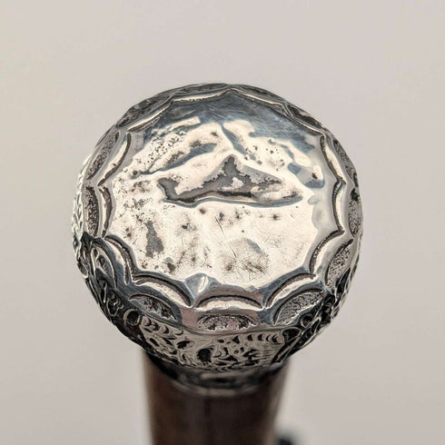 1909年 英国古董 棕色杆身 雕刻纯银朗德尔手柄 手杖 88cm