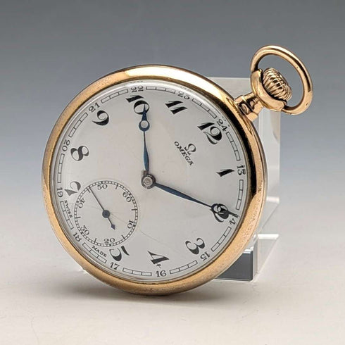 Reloj de bolsillo Omega vintage de alrededor de 1935, caja Denison de frente abierto chapada en oro, en buen estado de funcionamiento