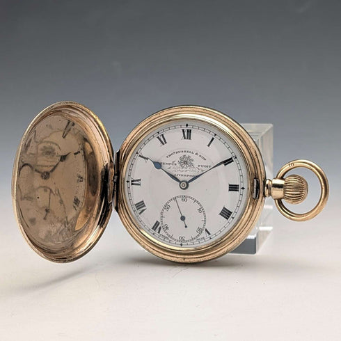 Reloj de bolsillo antiguo inglés Russell de la década de 1910, caja hunter chapada en oro, en buen estado de funcionamiento