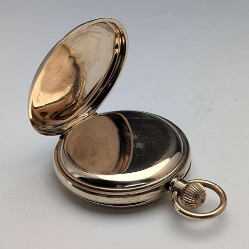 Reloj de bolsillo antiguo inglés Russell de la década de 1910, caja hunter chapada en oro, en buen estado de funcionamiento