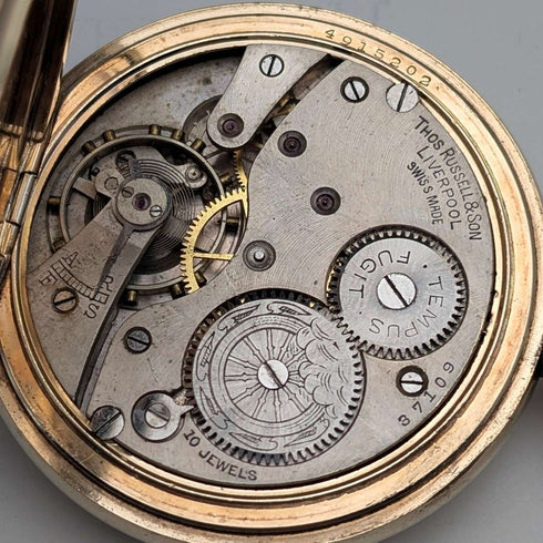 Reloj de bolsillo antiguo inglés Russell de la década de 1910, caja hunter chapada en oro, en buen estado de funcionamiento