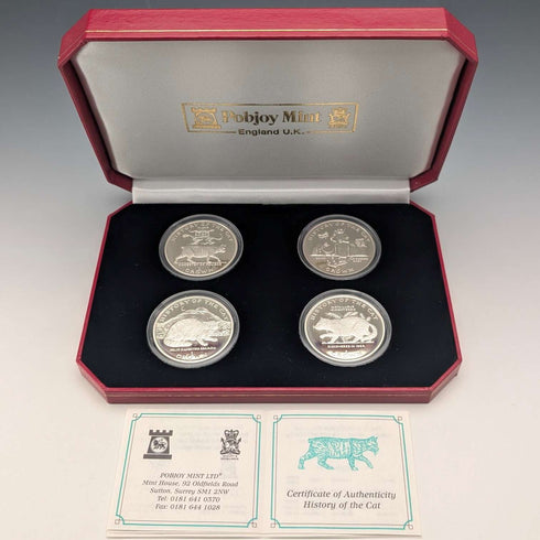 英國曼島銀克朗硬幣,貓歷史系列:一套4枚,PobjoyMint出品,帶盒子和說明書