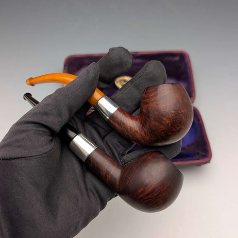 Early 20th Century British Antique Sterling Silver Estate Pipe Pair by Comoys, Case Included