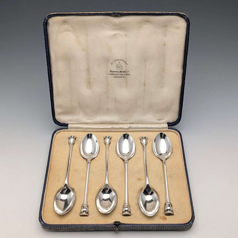 Juego de 6 cucharillas de té de plata de ley vintage británicas de 1932, 88 g en total, de Mappin & Webb, con estuche.