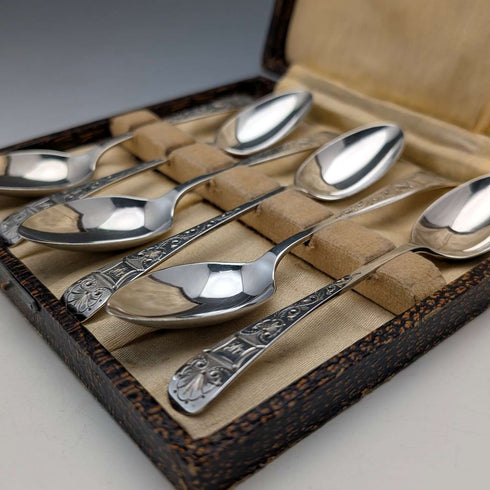 1893 British Antique Sterling Silver Teaspoons, Set of 6, 90g, John Round & Son, in Case