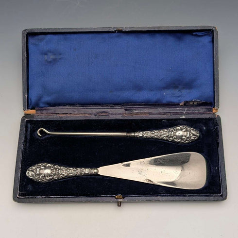 1903年 英国古董 纯银手柄 鞋拔 纽扣钩 W J Myatt & Co
