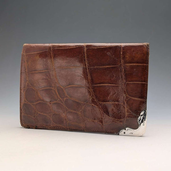 1908 British Antique Sterling Silver Brown Leather Bifold Wallet by Charles Penny Brown