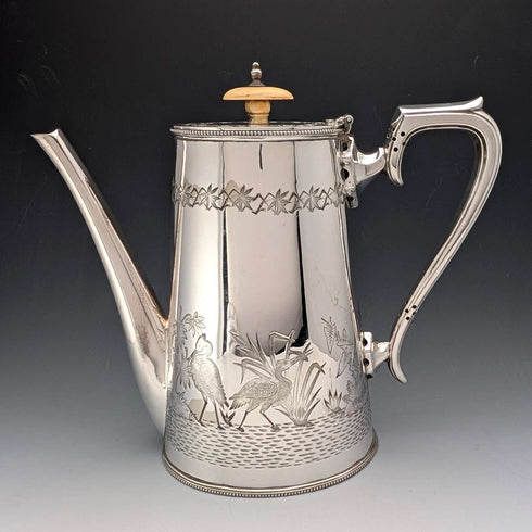 1903 British Antique Japonism Style Silver Plate Coffee Pot, Walker & Hall
