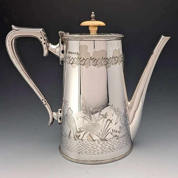 1903年 英国アンティーク ジャポニズムスタイル シルバープレート製 コーヒーポット Walker&Hall