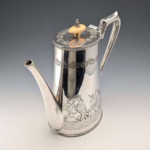 1903 British Antique Japonism Style Silver Plate Coffee Pot, Walker & Hall