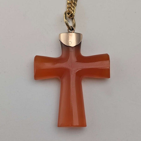 앤틱 오렌지 앰버(호박) 십자가 펜던트 목걸이 (체인 포함)