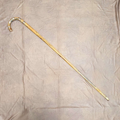 复古棕色杆身弯柄镍带装饰手杖 94cm