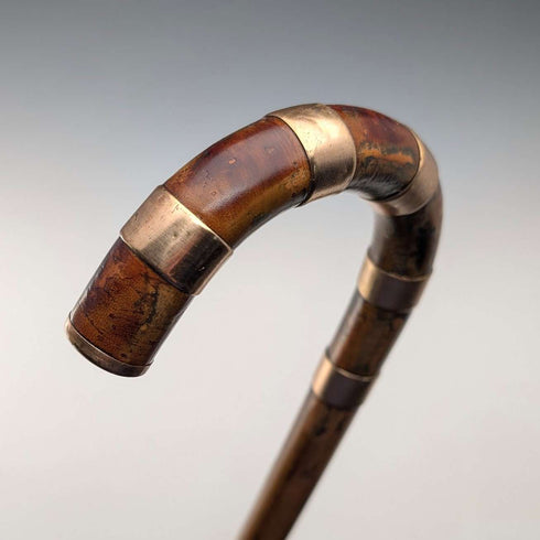 复古棕色杆身弯柄镍带装饰手杖 94cm
