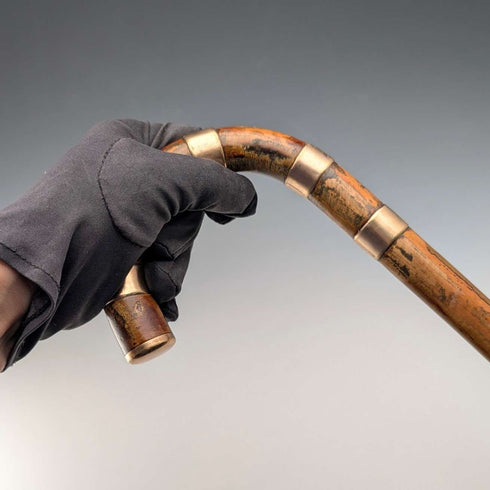 复古棕色杆身弯柄镍带装饰手杖 94cm