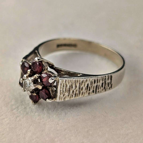 British Vintage Sterling Silver Garnet & Zirconia Flower Ring (Size 15)