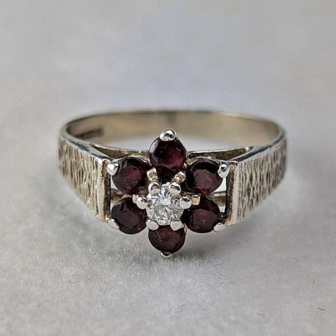 British Vintage Sterling Silver Garnet & Zirconia Flower Ring (Size 15)