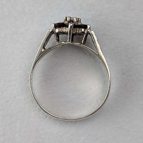 British Vintage Sterling Silver Garnet & Zirconia Flower Ring (Size 15)