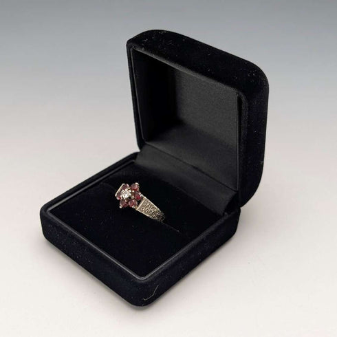 British Vintage Sterling Silver Garnet & Zirconia Flower Ring (Size 15)