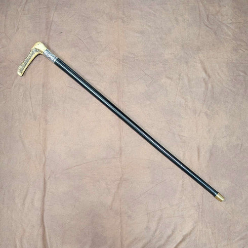 1911년 영국 앤틱 블랙 샤프트 순은 장식 앤틀러 L자 핸들 스테이키 지팡이 77cm
