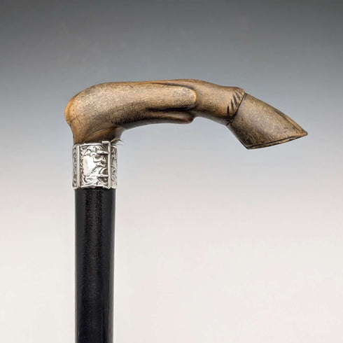 1899年 英国古董纯银装饰L型兽角柄手杖 83cm