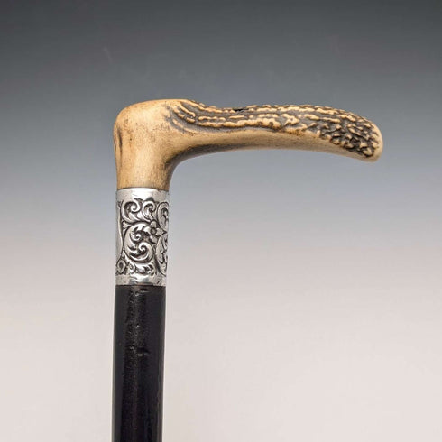 1911년 영국 앤틱 블랙 샤프트 순은 장식 앤틀러 L자 핸들 스테이키 지팡이 77cm