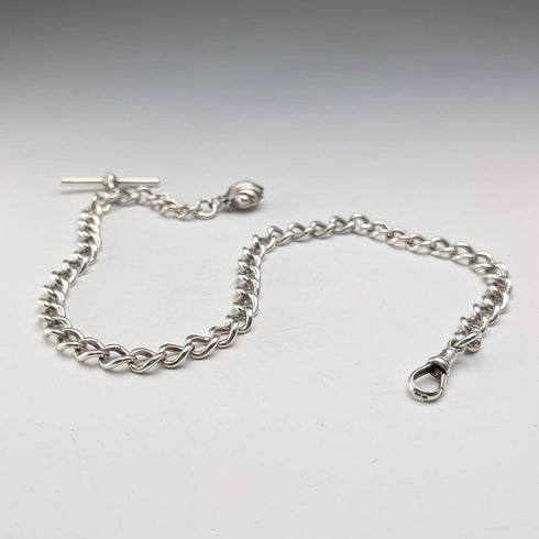 Cadena Albert de plata esterlina antigua inglesa de circa 1897, 46 g, con charm fob de nácar