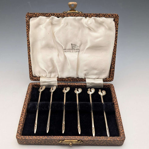 Juego de 6 palillos para cóctel de plata de ley, vintage, Reino Unido 1958, 19 g en total, Walker & Hall, con estuche.